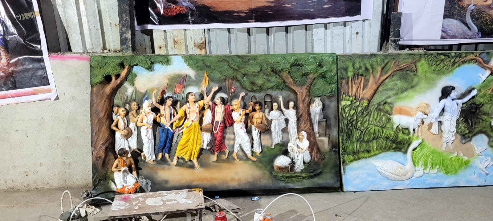 FRP relief panel of a devotee sankirtan procession with drums and flags