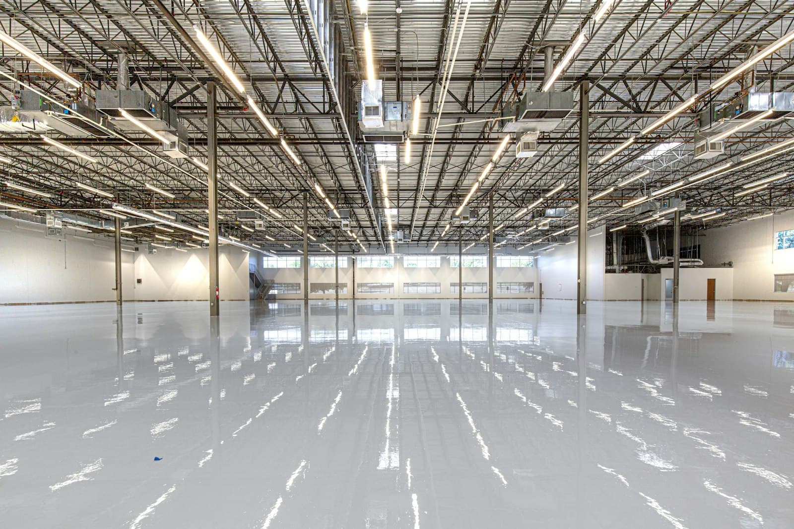Glossy epoxy-coated industrial warehouse floor